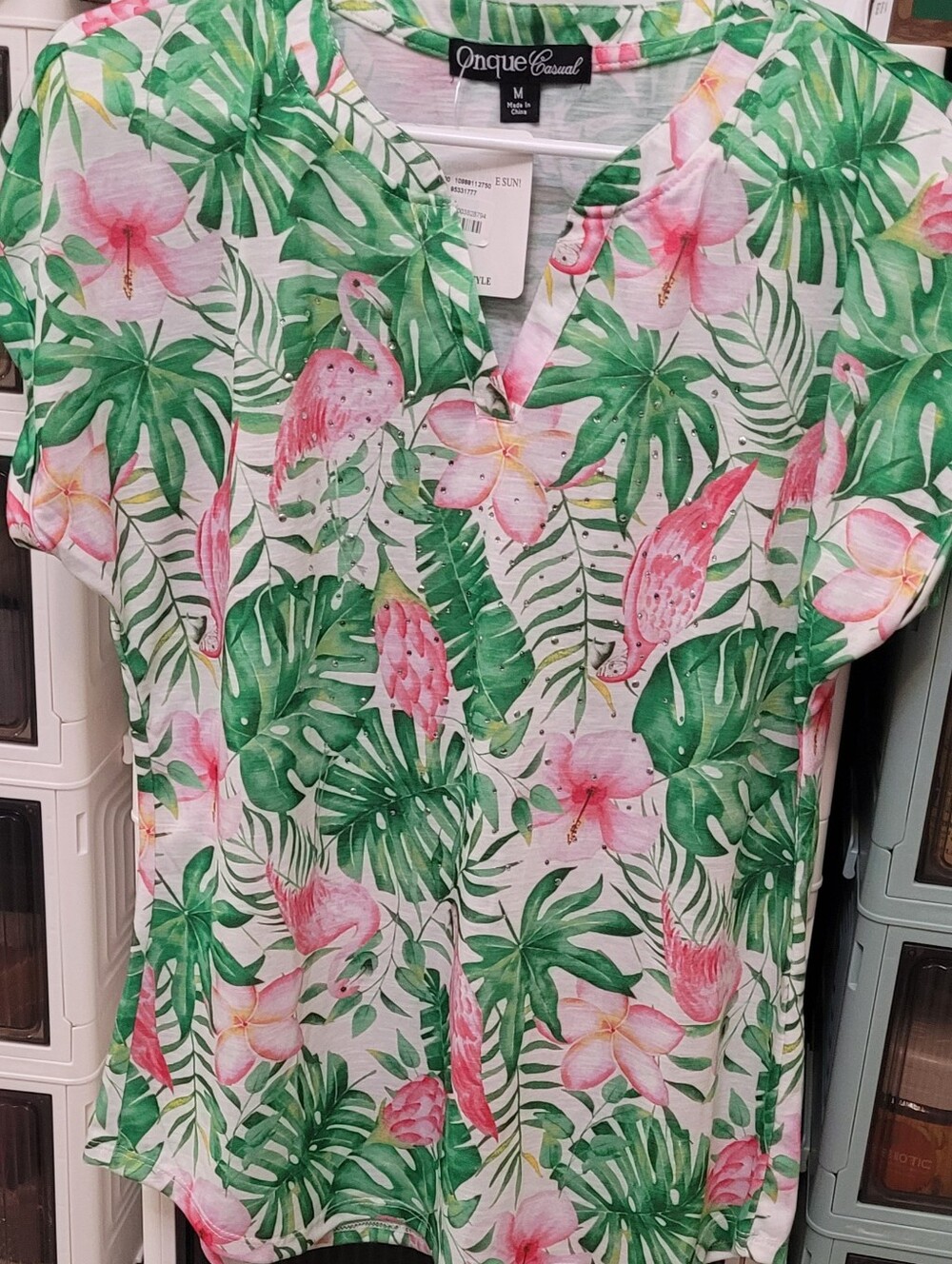 Embellished Tropical Print Pink Flamingo & Green Leaf Tee By Onque. NWT, Size M